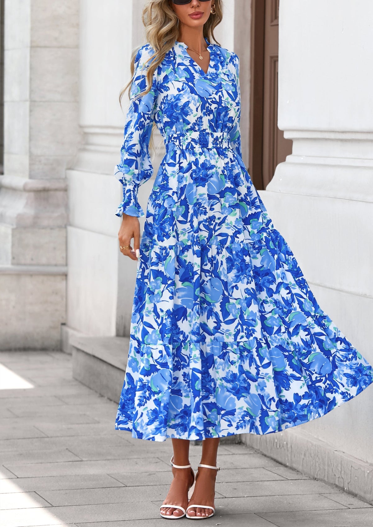 Floral A-Line Flowy Maxi Dress - Long Sleeve, V-Neck, Casual - photo 65