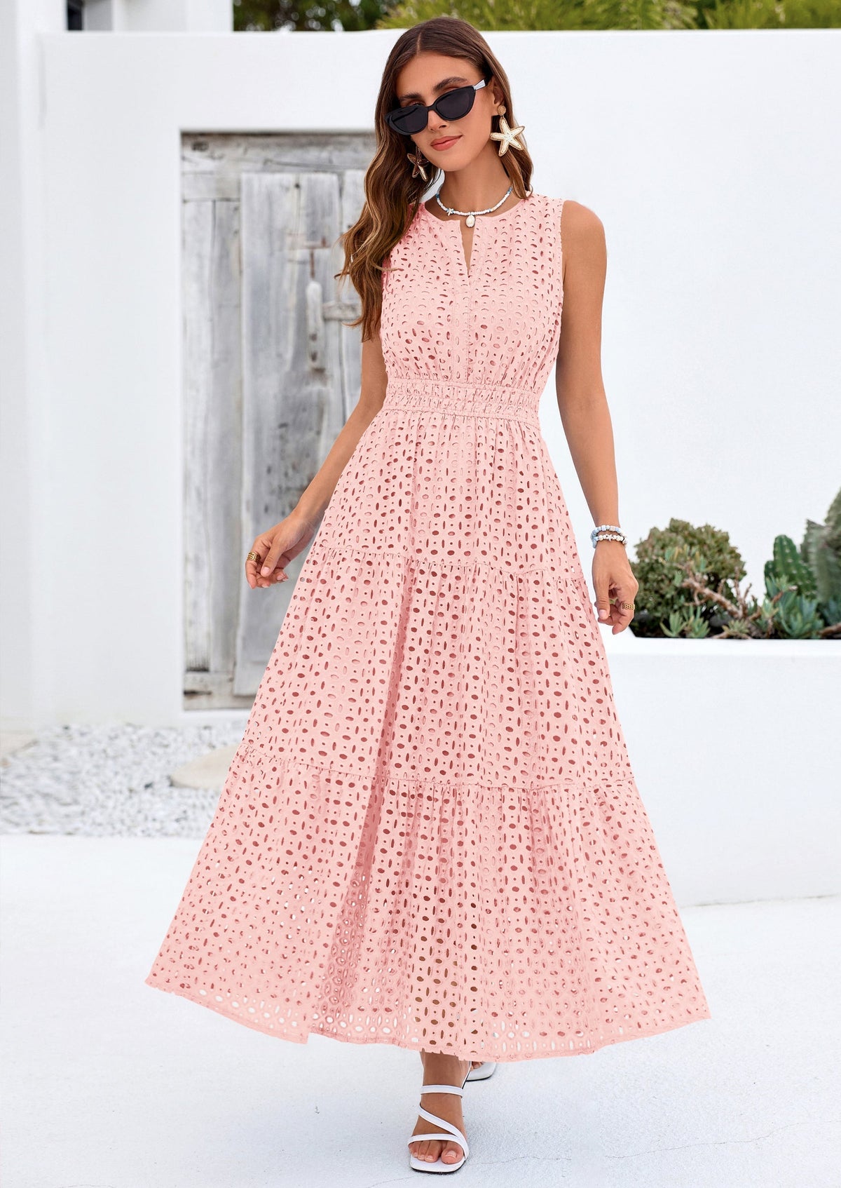 Eyelet A-Line Flowy Maxi Dress - Sleeveless, V-Neck, Beach - photo 22
