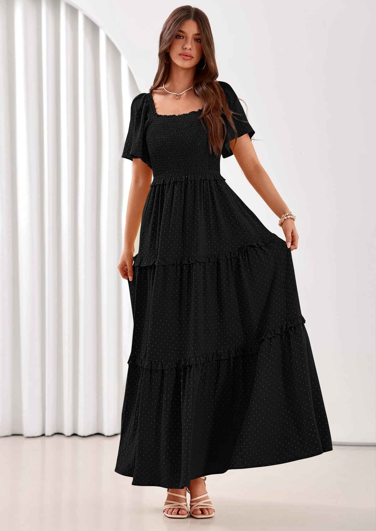 Swiss Dot Smocked Maxi Dress - Short Sleeve, Square Neck, Boho - photo 13