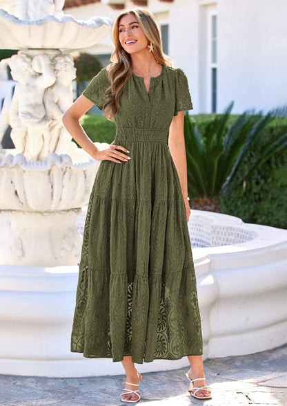 Floral A-Line Maxi Dress - Short Sleeve, V-Neck, Boho - Photo 40