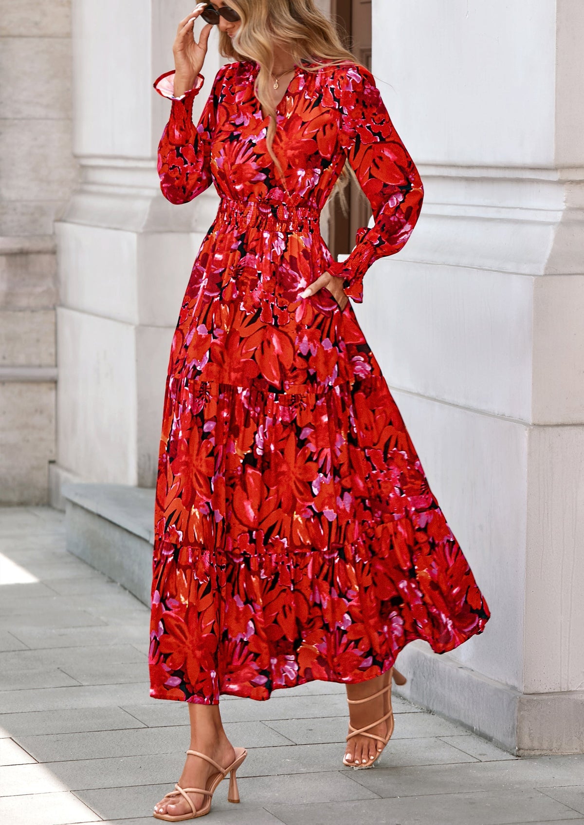 Floral A-Line Flowy Maxi Dress - Long Sleeve, V-Neck, Casual - photo 44
