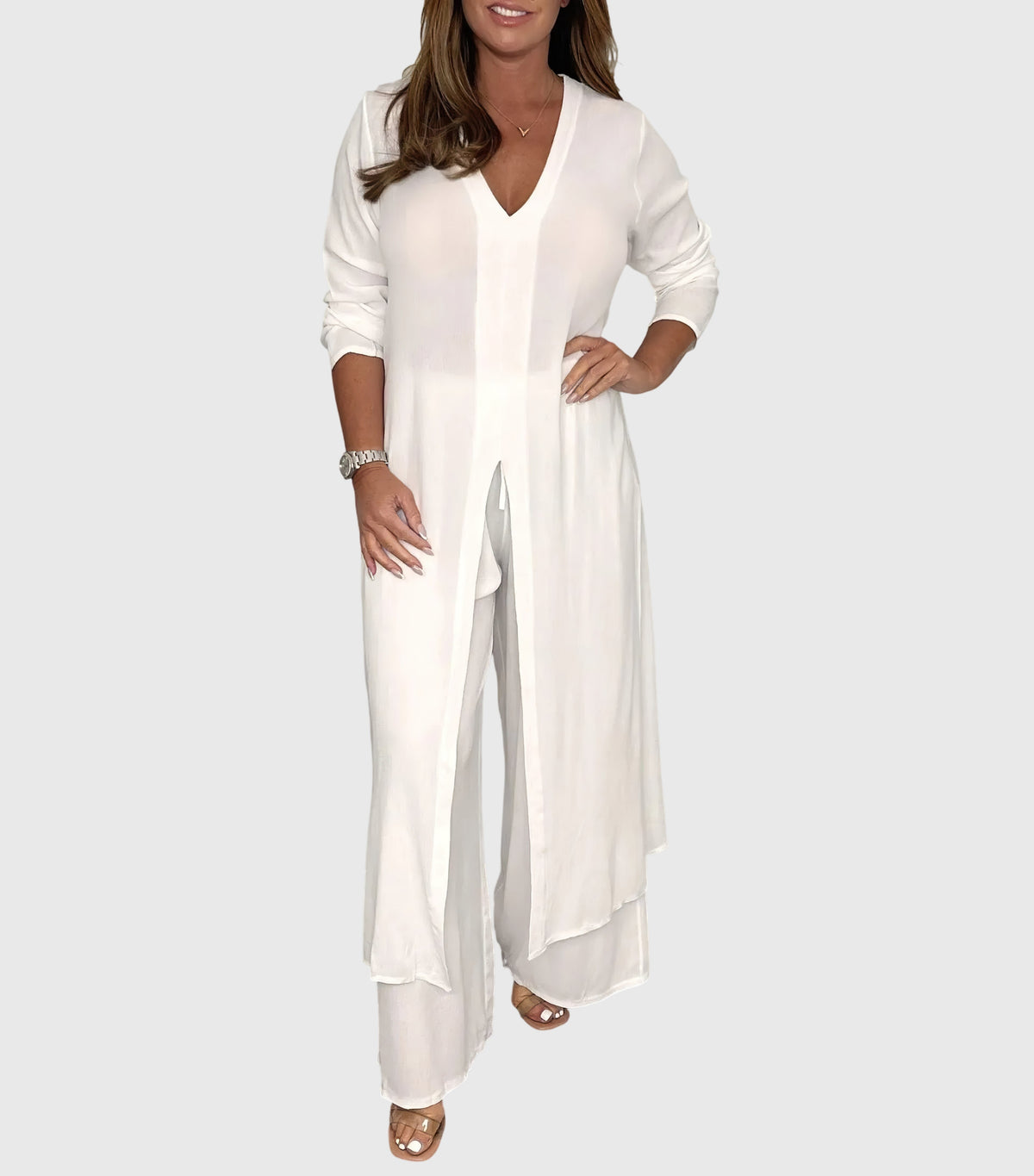 Cream open-front duster cardigan wide-leg pants two-piece set with flowing silhouette