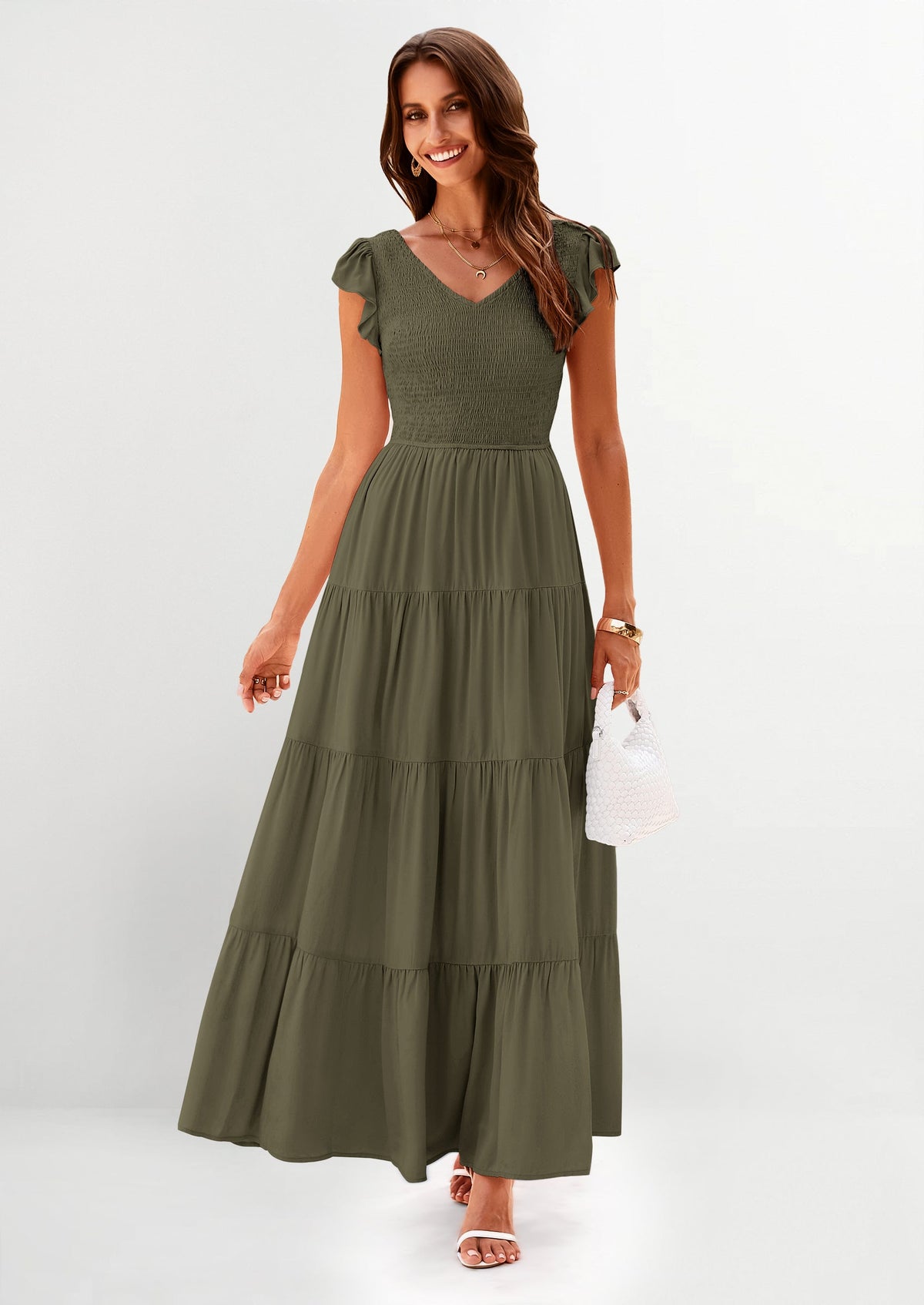 Flowy Smocked Maxi Dress - Cap Sleeve, V-Neck, Casual - photo 8