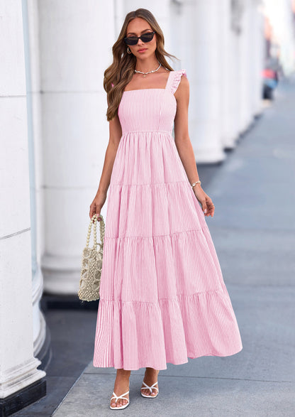 Striped Flowy Maxi Dress - Sleeveless, Square Neck, Casual - photo 31