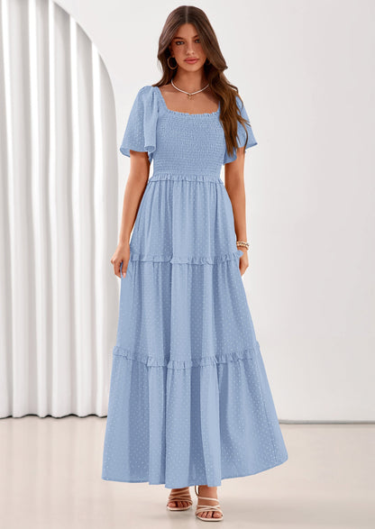 Swiss Dot Smocked Maxi Dress - Short Sleeve, Square Neck, Boho - photo 1