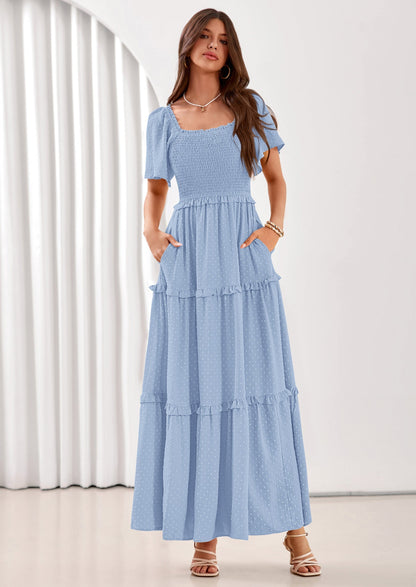 Swiss Dot Smocked Maxi Dress - Short Sleeve, Square Neck, Boho - photo 4