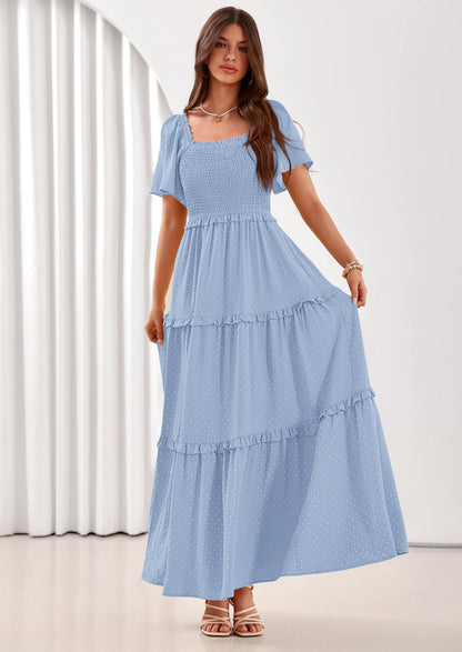 Swiss Dot Smocked Maxi Dress - Short Sleeve, Square Neck, Boho - photo 6