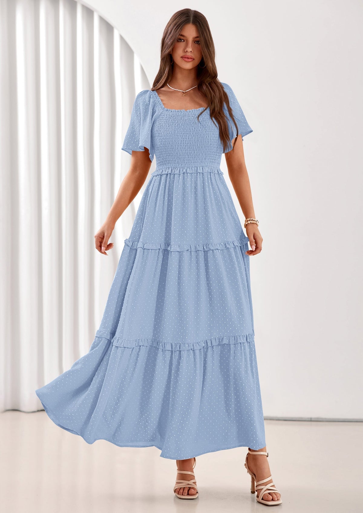 Swiss Dot Smocked Maxi Dress - Short Sleeve, Square Neck, Boho - photo 5