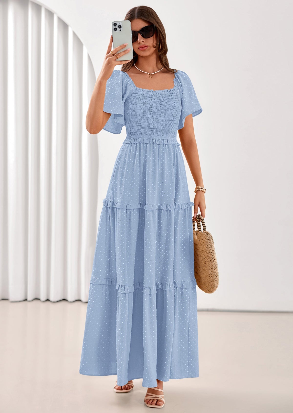 Swiss Dot Smocked Maxi Dress - Short Sleeve, Square Neck, Boho - photo 3