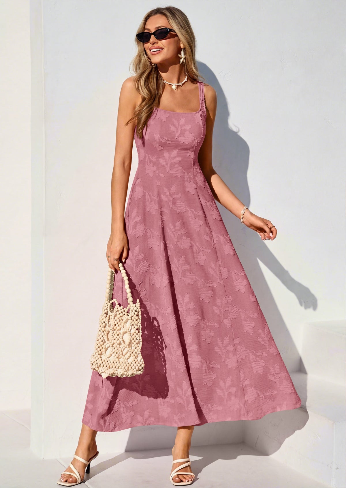 Jacquard Flowy Maxi Dress - Sleeveless, Square Neck, Casual - photo 13