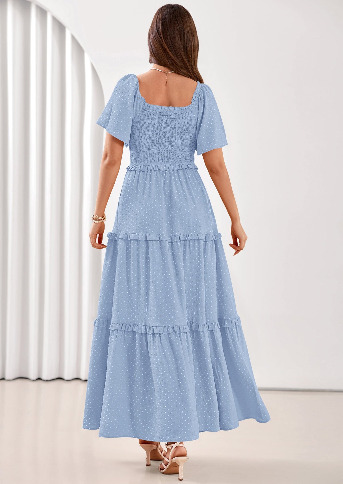 Swiss Dot Smocked Maxi Dress - Short Sleeve, Square Neck, Boho - photo 2