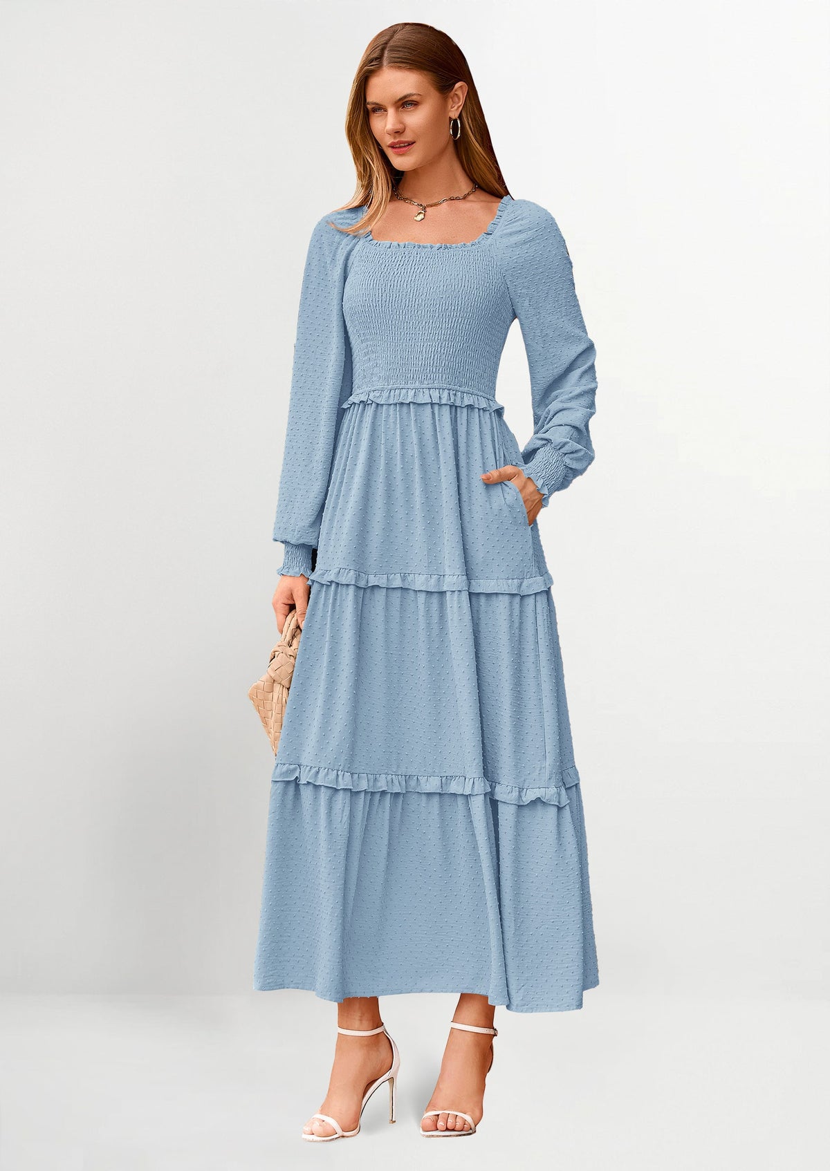Beige Swiss Dot Smocked Tiered Maxi Dress - Long Sleeve, photo 50