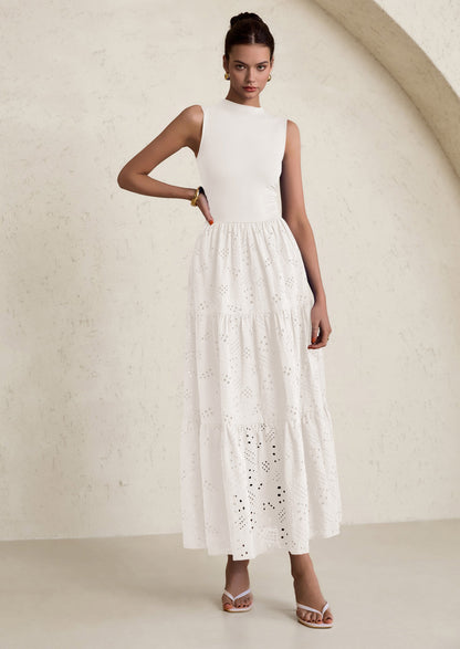 Eyelet Maxi Dress - Sleeveless, Mock Neck, Casual - photo 59