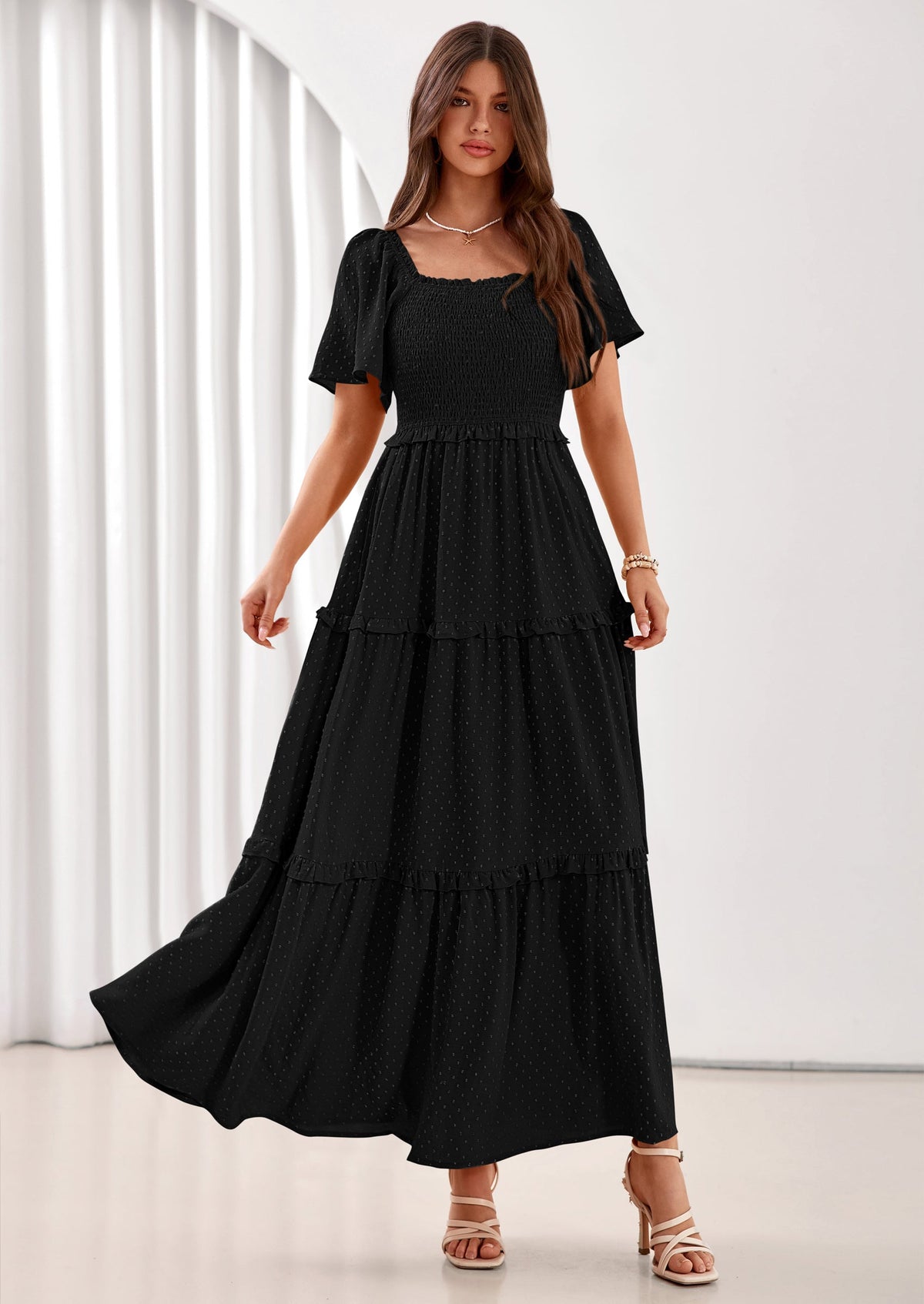 Swiss Dot Smocked Maxi Dress - Short Sleeve, Square Neck, Boho - photo 10