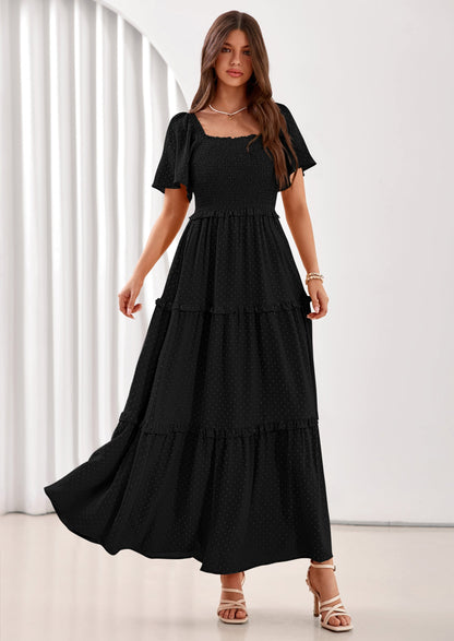 Swiss Dot Smocked Maxi Dress - Short Sleeve, Square Neck, Boho - photo 10