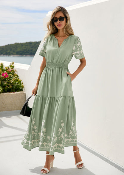 Floral A-Line Flowy Maxi Dress - Short Sleeve, V-Neck, Boho - photo 1