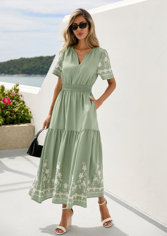 Floral A-Line Flowy Maxi Dress - Short Sleeve, V-Neck, Boho - photo 1