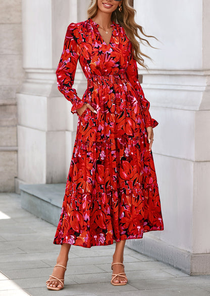 Floral A-Line Flowy Maxi Dress - Long Sleeve, V-Neck, Casual - photo 45
