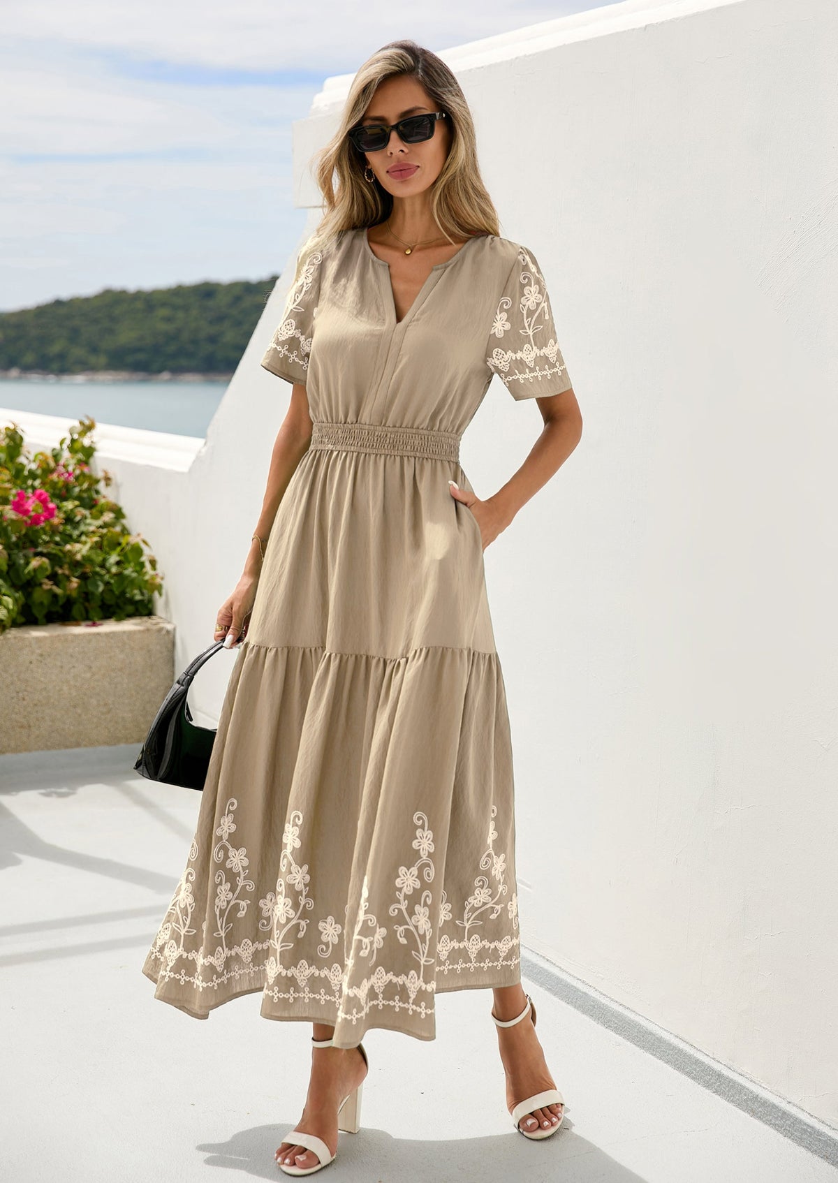 Floral A-Line Flowy Maxi Dress - Short Sleeve, V-Neck, Boho - photo 19
