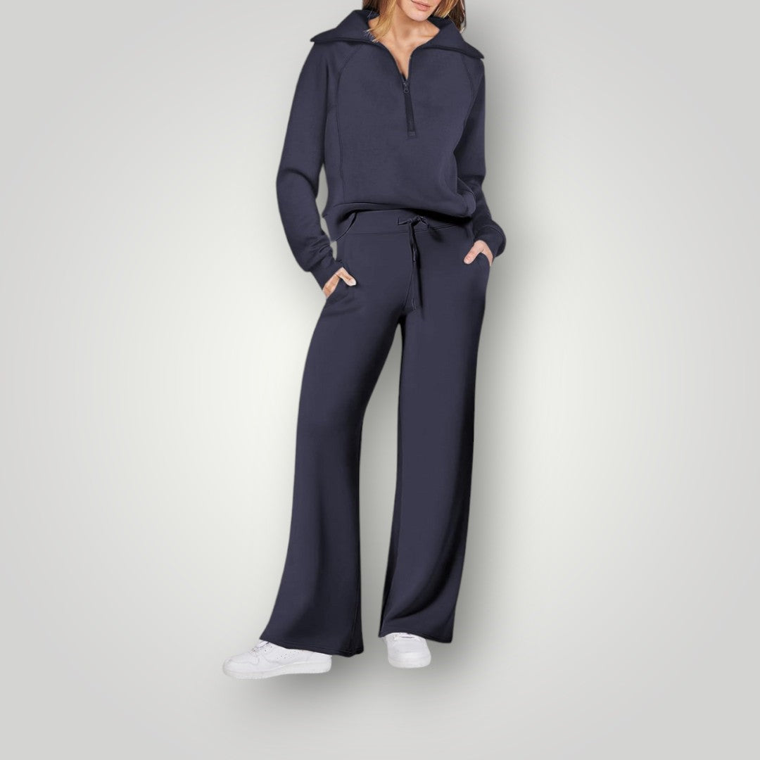 Women's gray loungewear set half-zip sweatshirt with matching wide-leg sweatpants cozy neutral two-piece