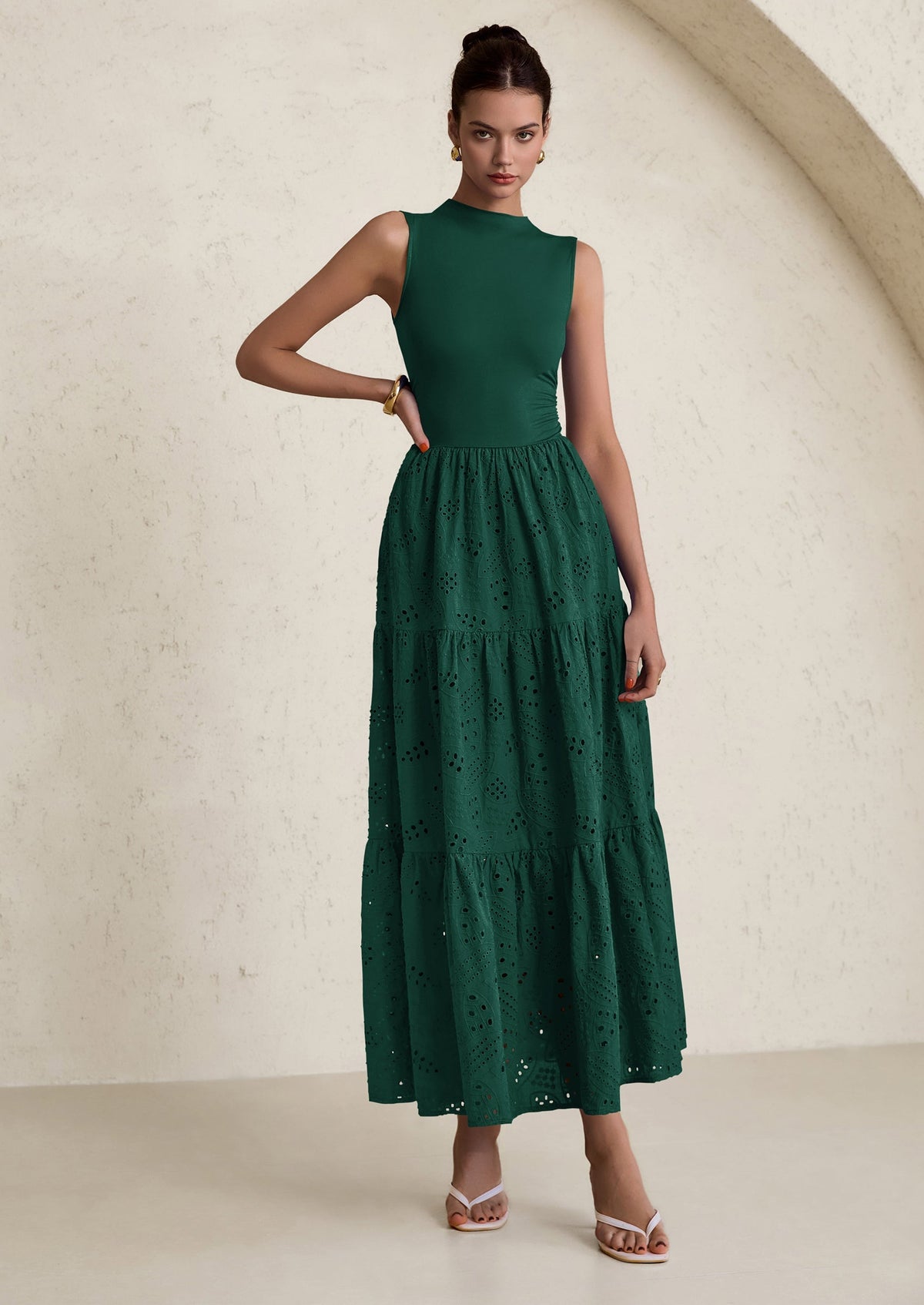 Eyelet Maxi Dress - Sleeveless, Mock Neck, Casual - photo 27