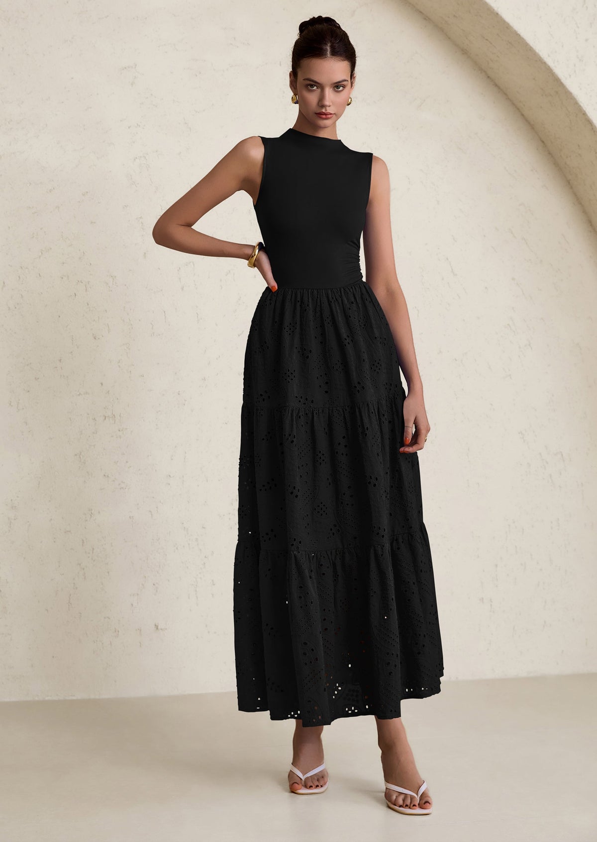 Eyelet Maxi Dress - Sleeveless, Mock Neck, Casual - photo 19
