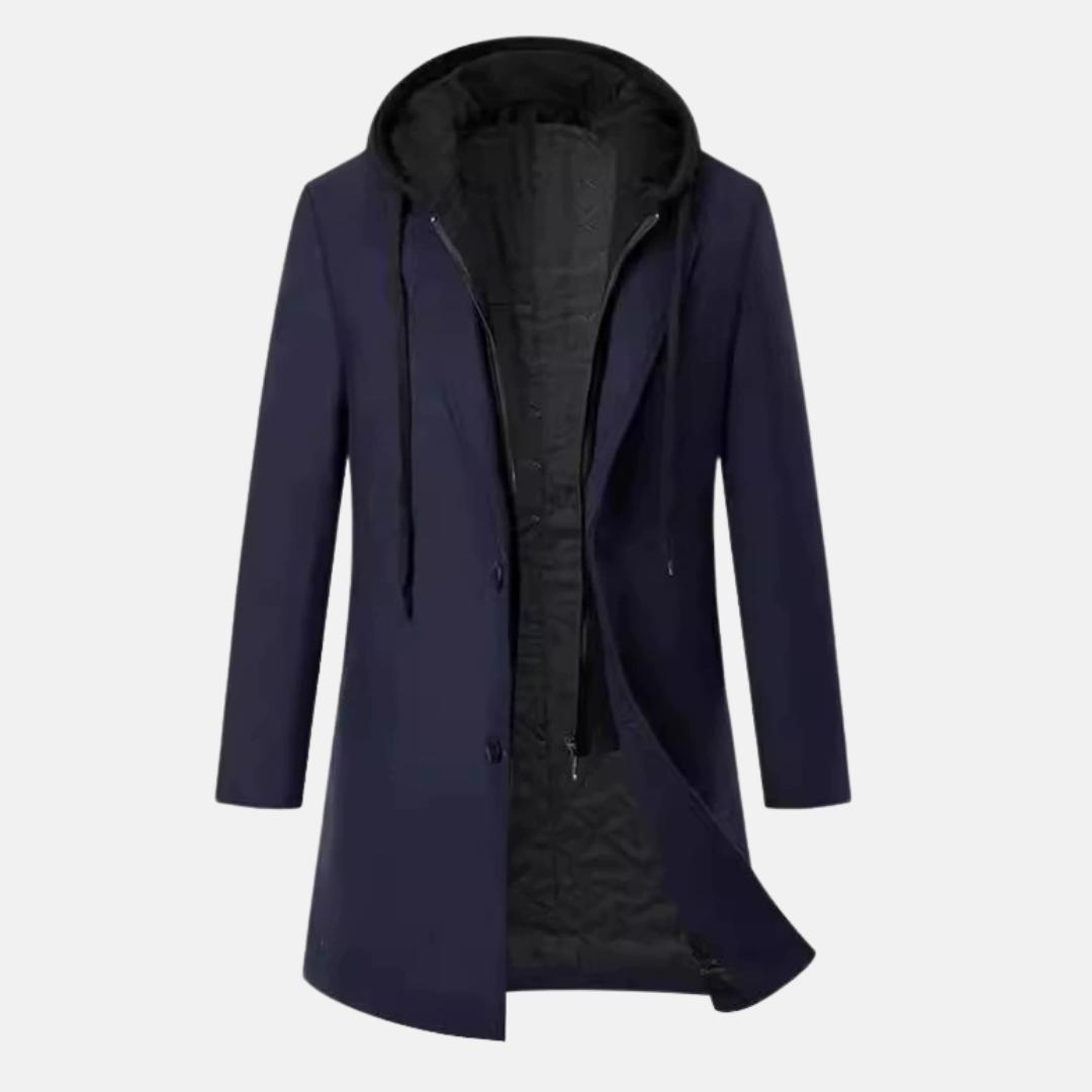 Men's charcoal wool blend overcoat tailored fit mid-length quilted lining removable hooded insert Orsenvi