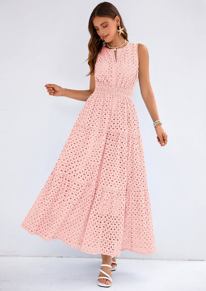 Eyelet A-Line Flowy Maxi Dress - Sleeveless, V-Neck, Beach - photo 26