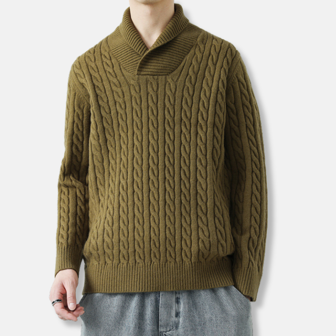 Men's cable knit shawl collar sweater knit blend relaxed fit warm textured fall style