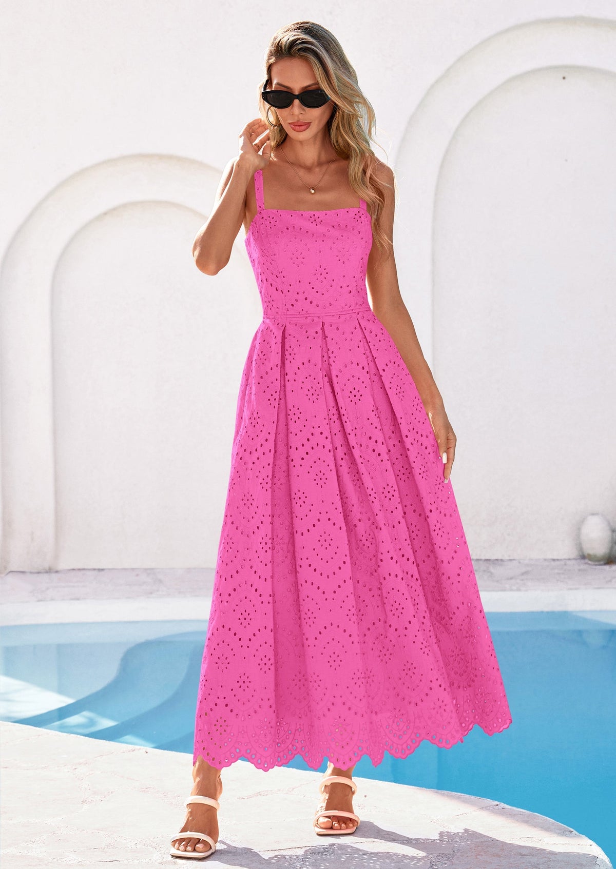 Eyelet Flowy Maxi Dress - Sleeveless, Square Neck, Beach - photo 48