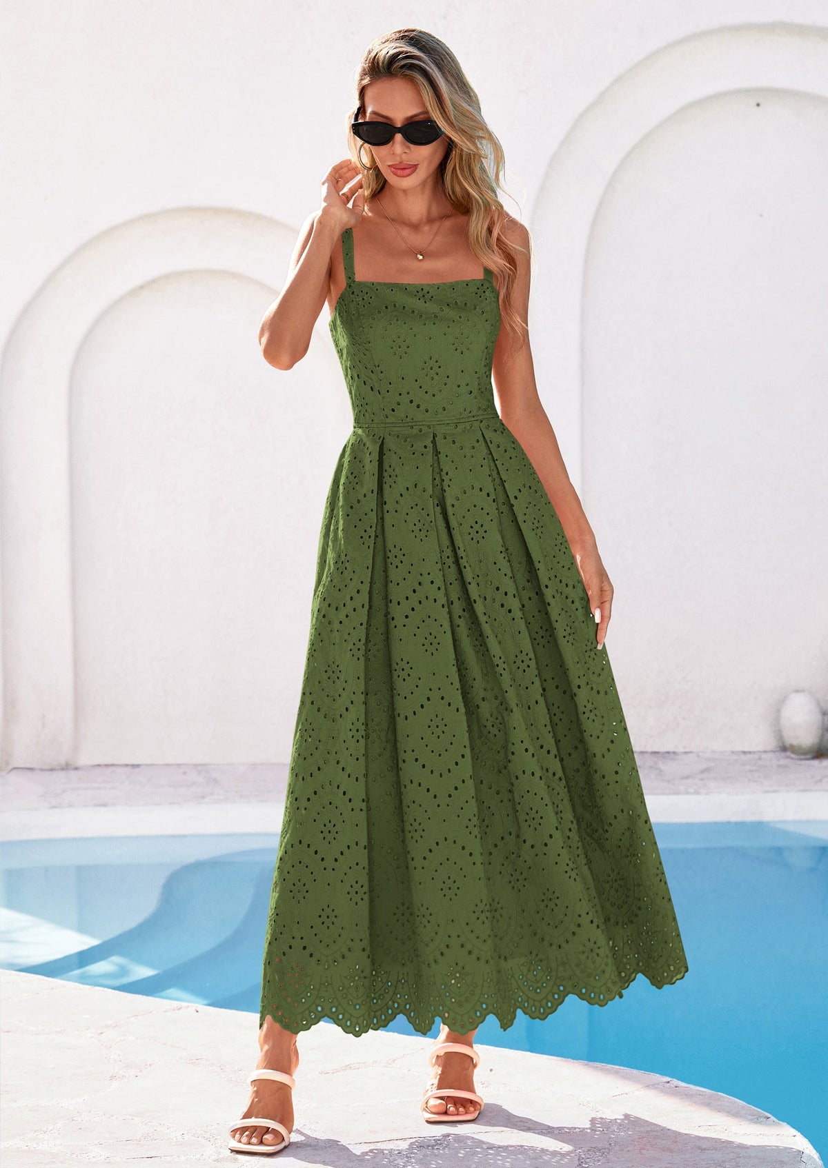 Eyelet Flowy Maxi Dress - Sleeveless, Square Neck, Beach - photo 30