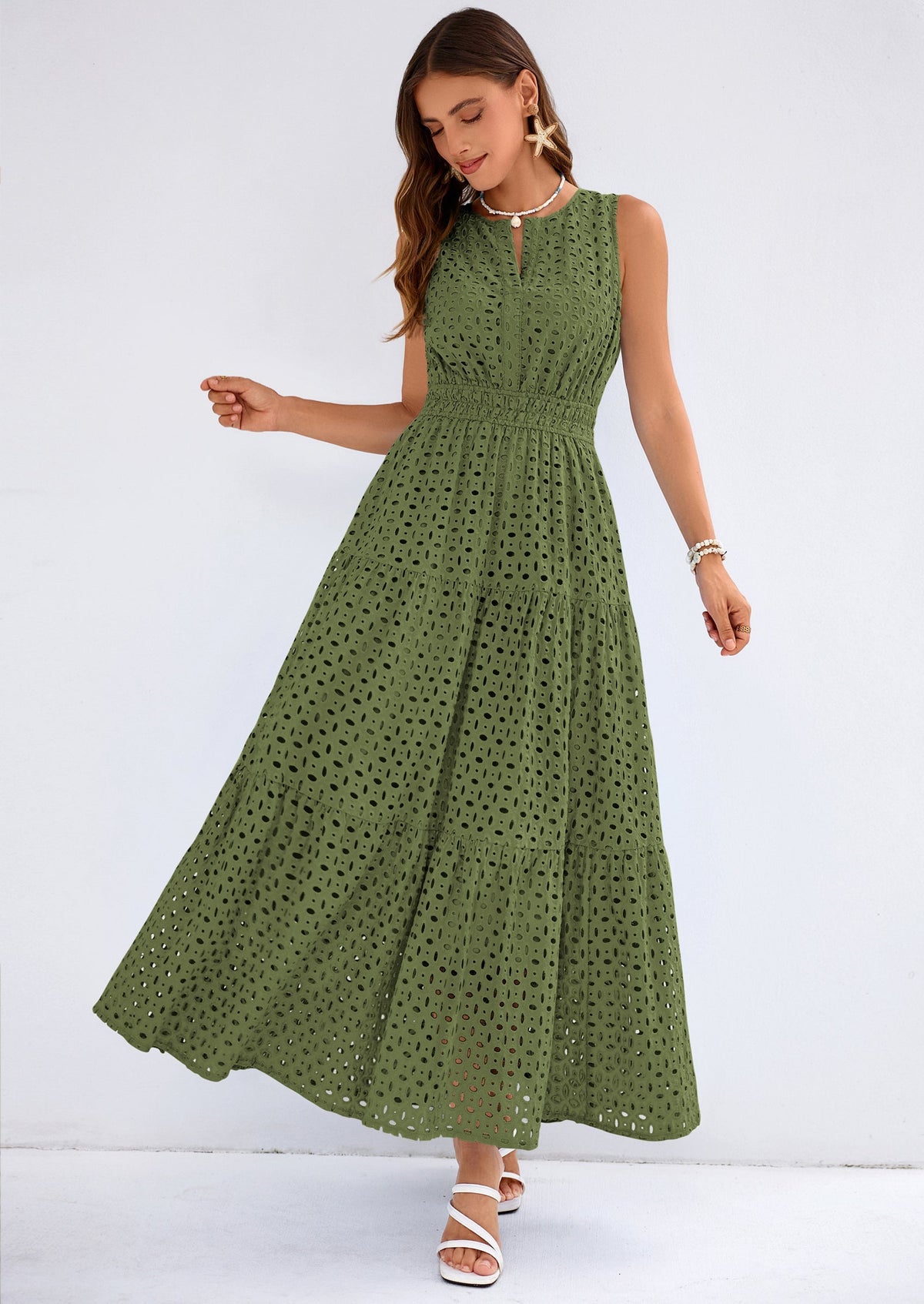 Eyelet A-Line Flowy Maxi Dress - Sleeveless, V-Neck, Beach - photo 21