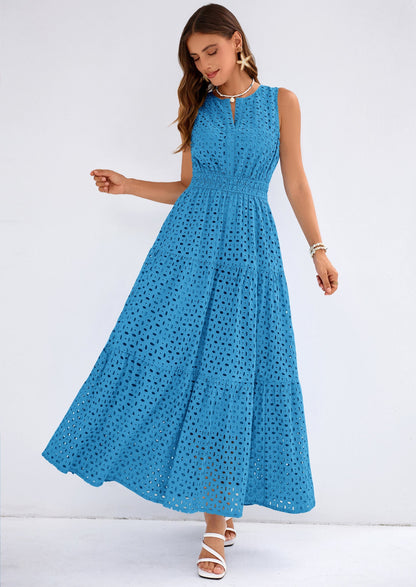 Eyelet A-Line Flowy Maxi Dress - Sleeveless, V-Neck, Beach - photo 36