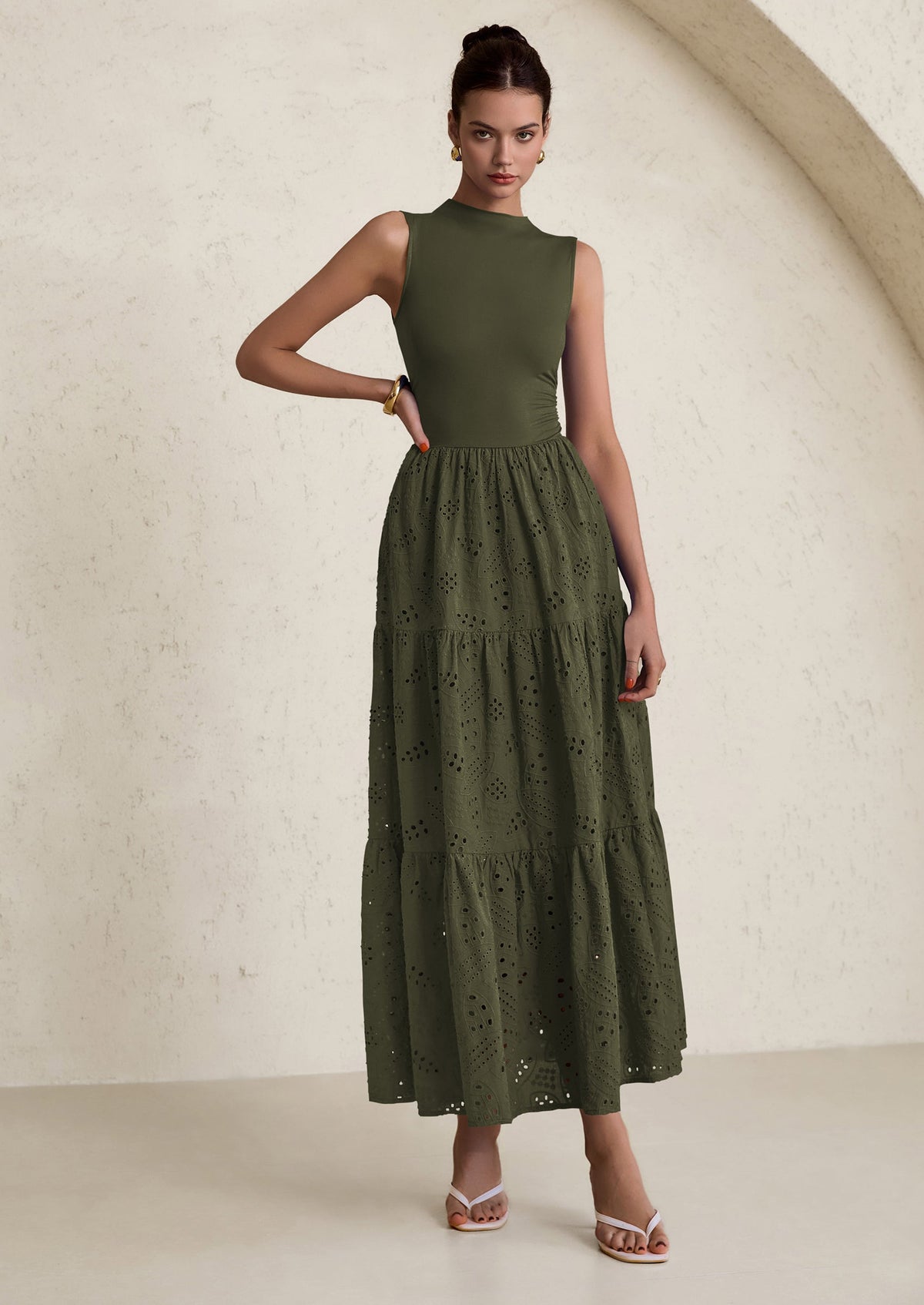 Eyelet Maxi Dress - Sleeveless, Mock Neck, Casual - photo 10