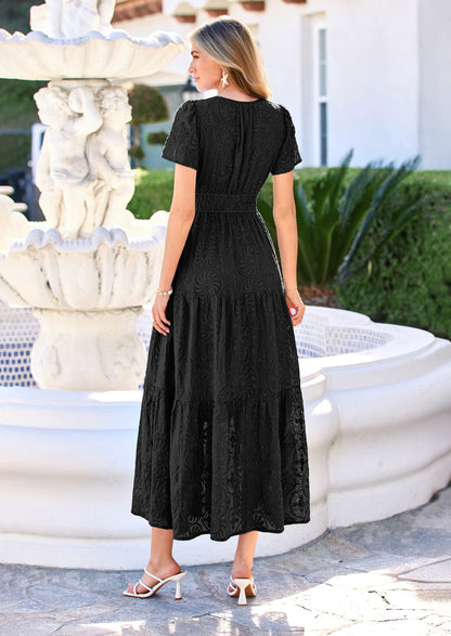 Floral A-Line Maxi Dress - Short Sleeve, V-Neck, Boho - Photo 14
