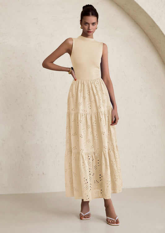 Eyelet Maxi Dress - Sleeveless, Mock Neck, Casual - photo 1