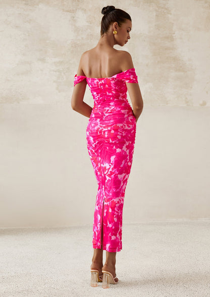 Floral Mesh Ruched Maxi Dress - Off-Shoulder, Cocktail - photo 2