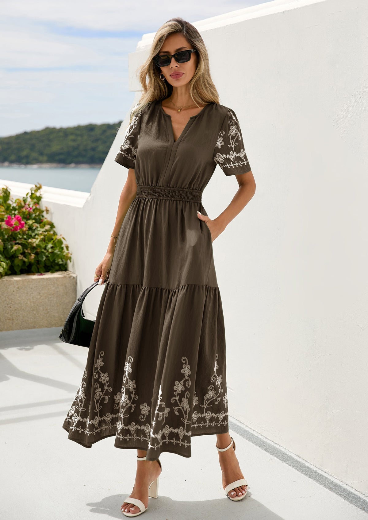 Floral A-Line Flowy Maxi Dress - Short Sleeve, V-Neck, Boho - photo 43