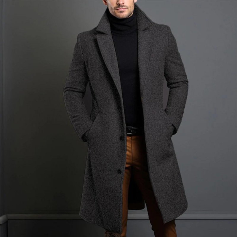 Men's camel long wool overcoat with classic notch lapel, structured tailoring and timeless winter style