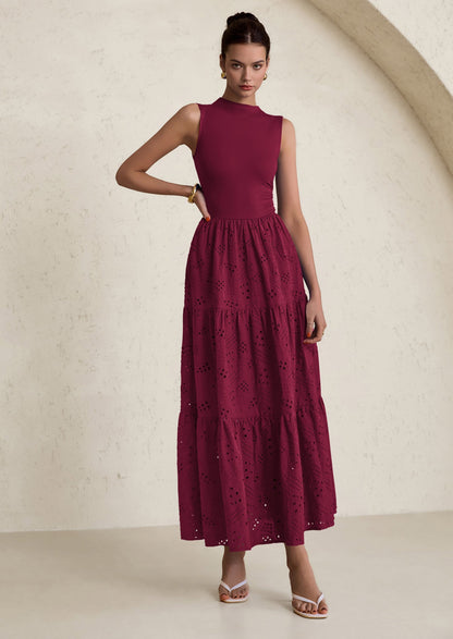 Eyelet Maxi Dress - Sleeveless, Mock Neck, Casual - photo 35
