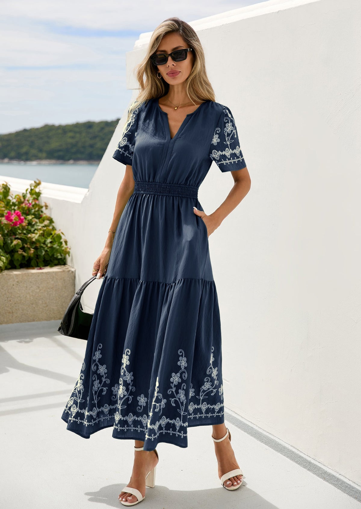 Floral A-Line Flowy Maxi Dress - Short Sleeve, V-Neck, Boho - photo 7