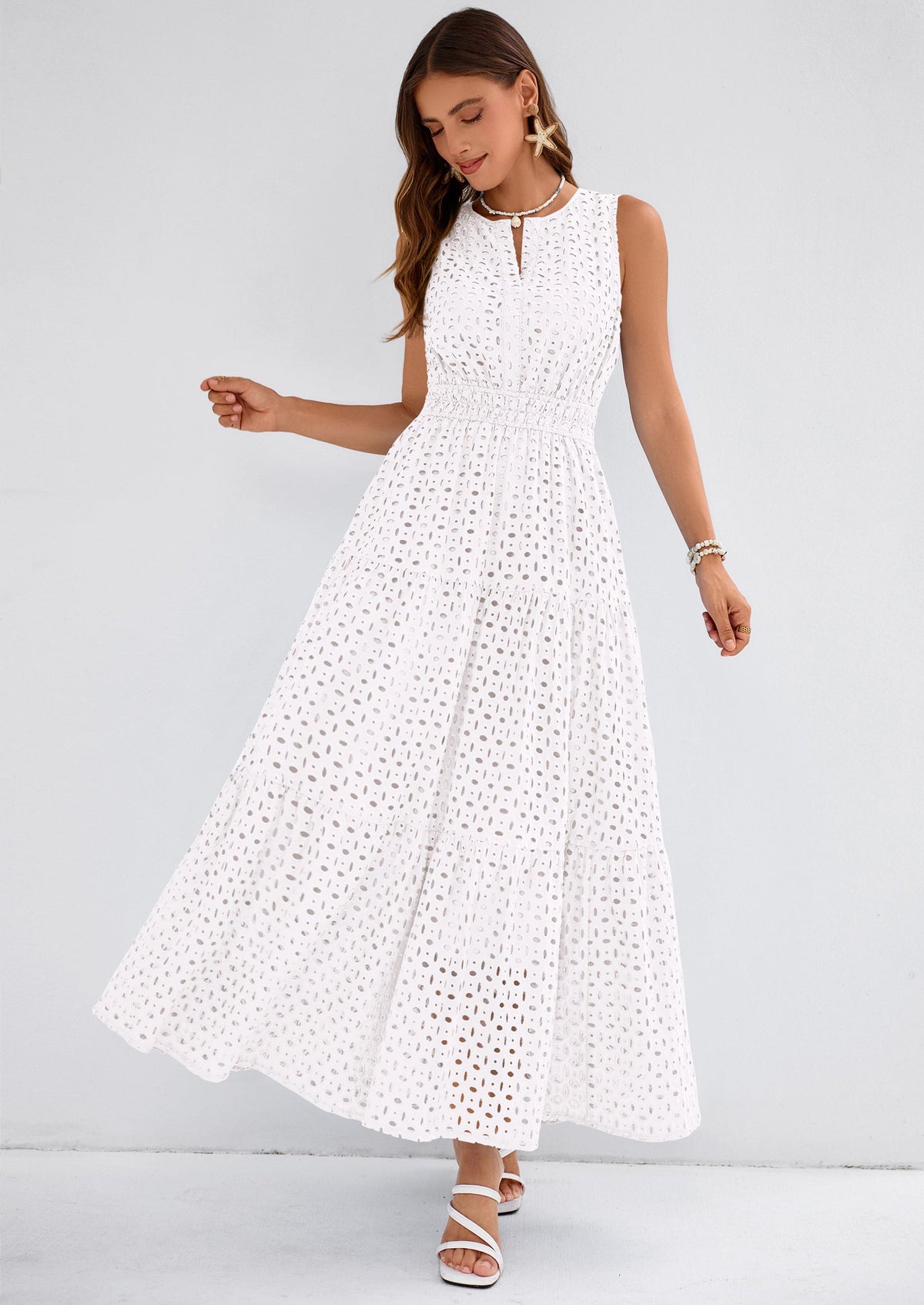 Eyelet A-Line Flowy Maxi Dress - Sleeveless, V-Neck, Beach - photo 9