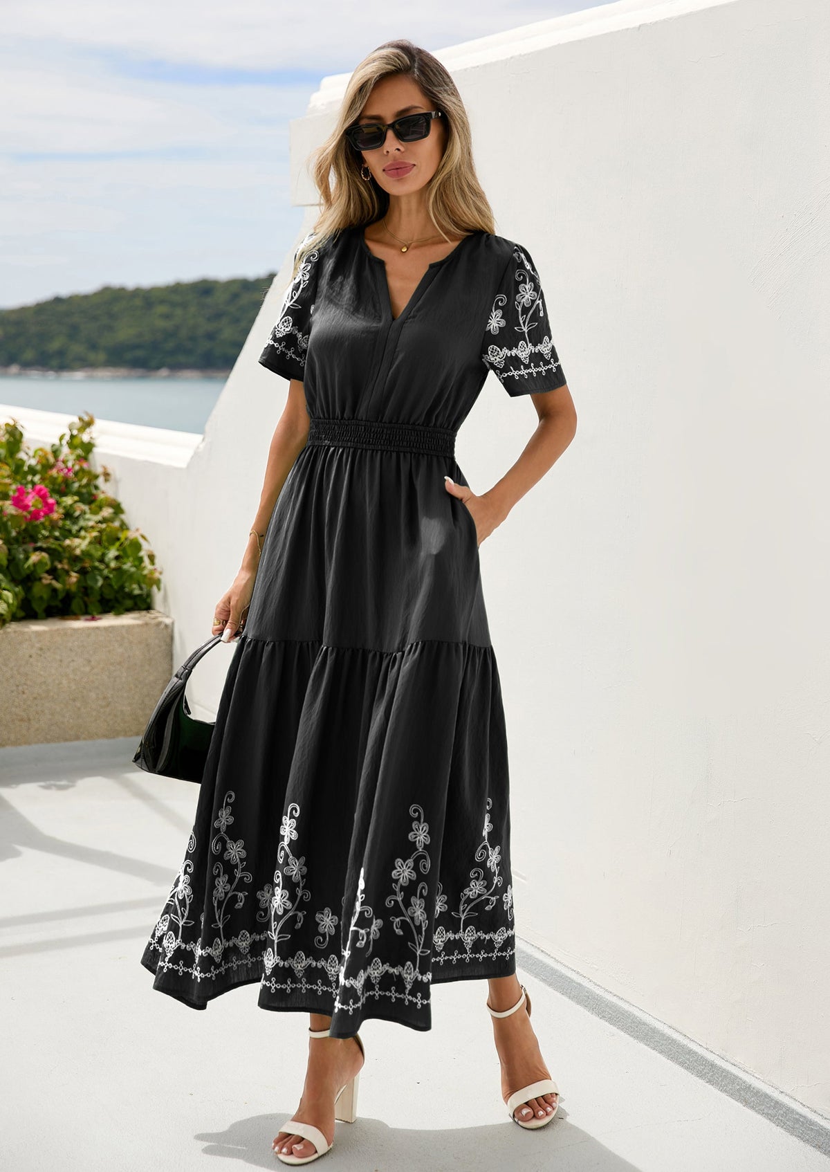 Floral A-Line Flowy Maxi Dress - Short Sleeve, V-Neck, Boho - photo 13