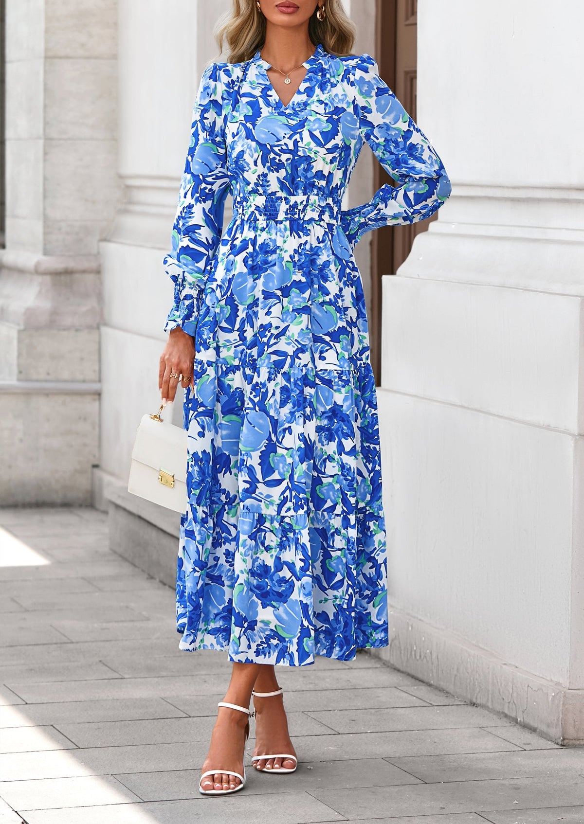 Floral A-Line Flowy Maxi Dress - Long Sleeve, V-Neck, Casual - photo 66