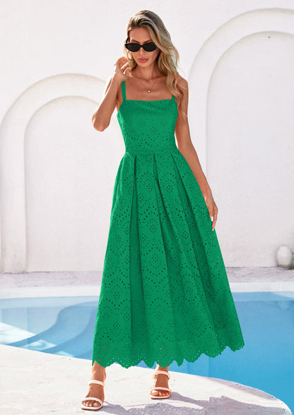 Eyelet Flowy Maxi Dress - Sleeveless, Square Neck, Beach - photo 71