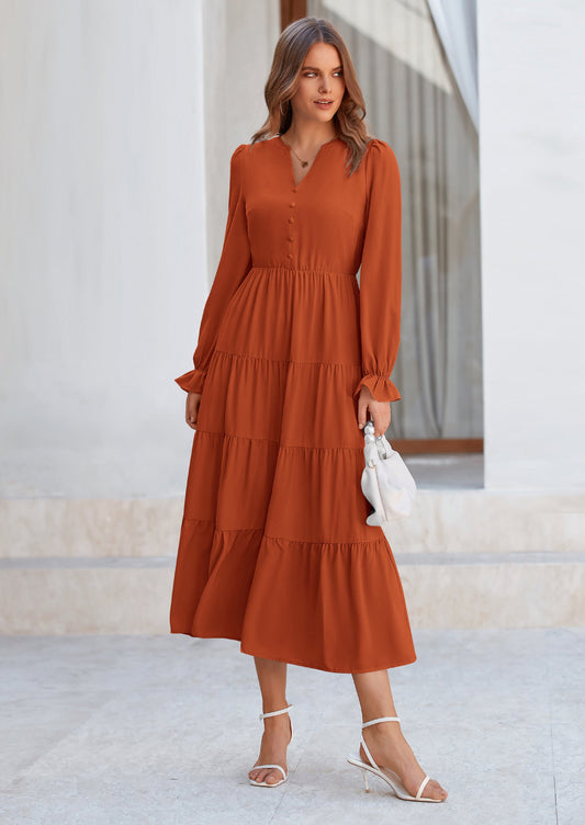 Brick Red Swiss Dot Smocked Tiered Maxi Dress - Long Sleeve, photo 1