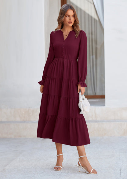 Brick Red Swiss Dot Smocked Tiered Maxi Dress - Long Sleeve, photo 96
