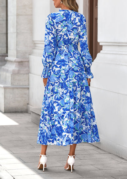 Floral A-Line Flowy Maxi Dress - Long Sleeve, V-Neck, Casual - photo 62