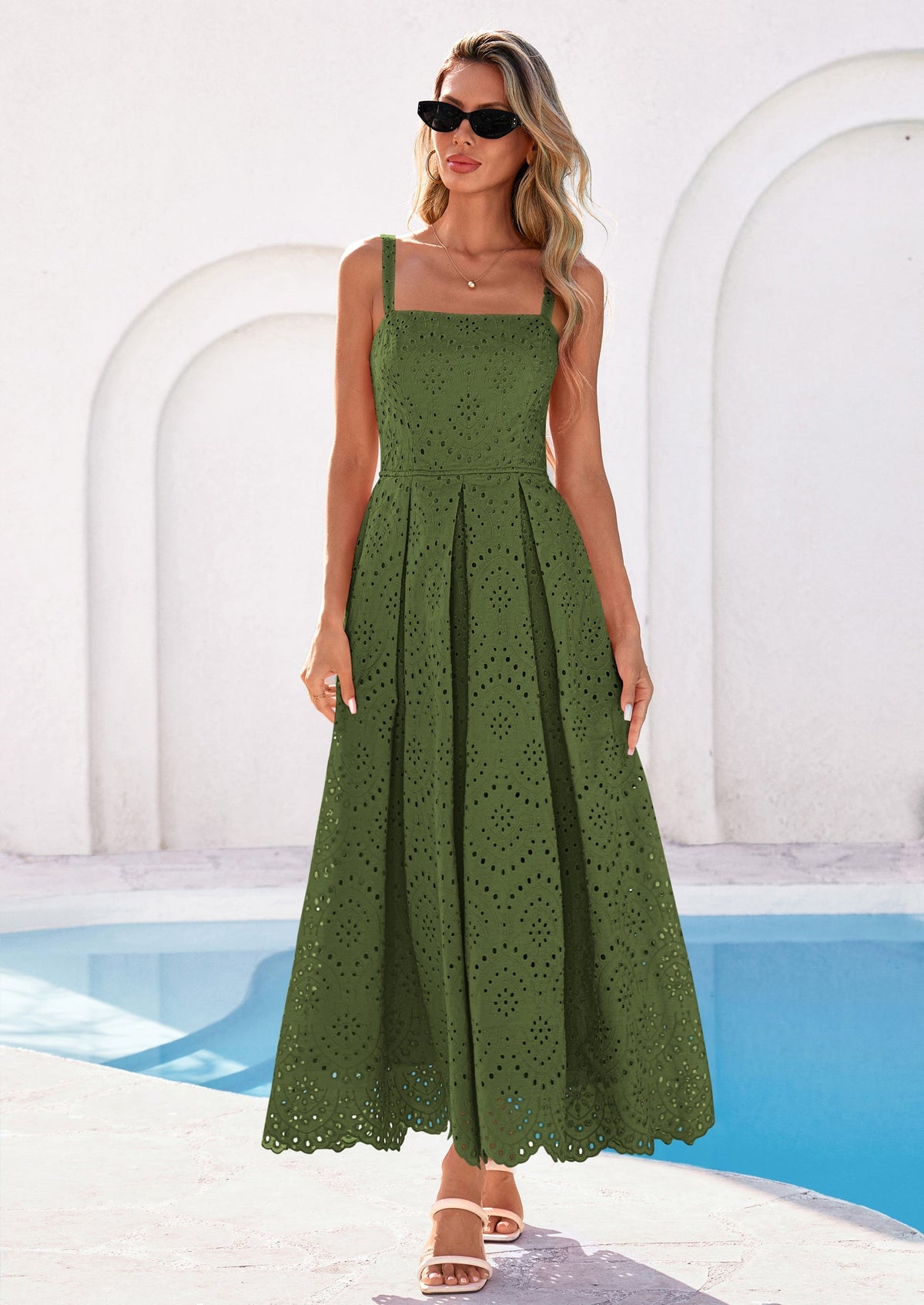 Eyelet Flowy Maxi Dress - Sleeveless, Square Neck, Beach - photo 31