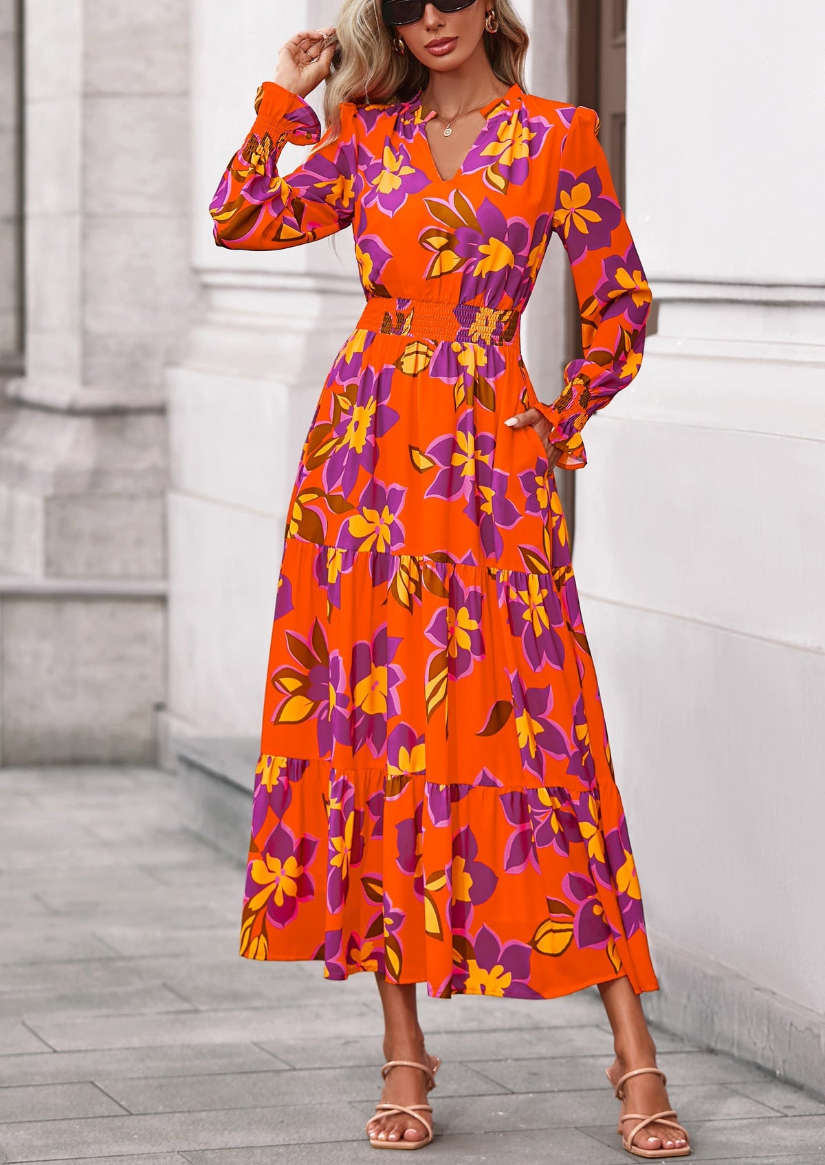 Floral A-Line Flowy Maxi Dress - Long Sleeve, V-Neck, Casual - photo 36